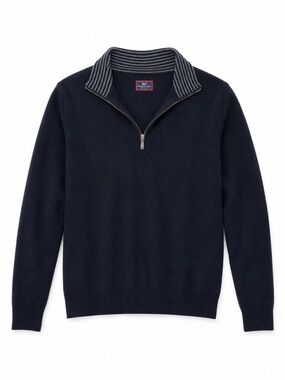 UNTUCKit Navy Half-Zip Sweater with Striped Collar 100% merino wool